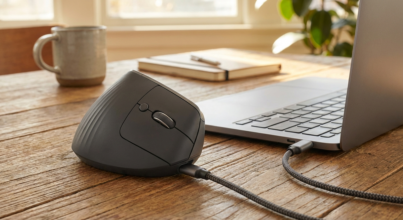 Logitech MX Vertical showing Bluetooth pairing and USB-C charging port