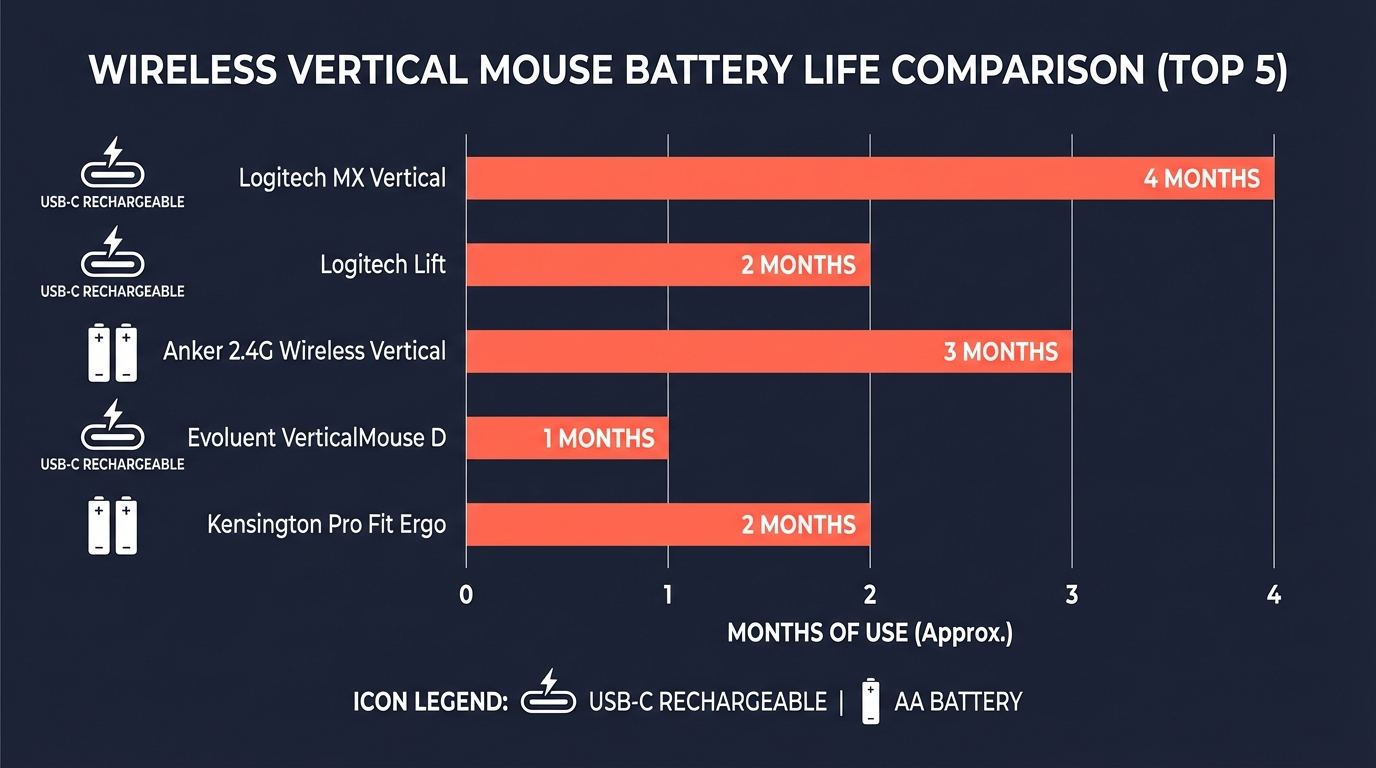 ProtoArc EM01 vertical mouse with multi-device Bluetooth — wireless mouse battery life comparison