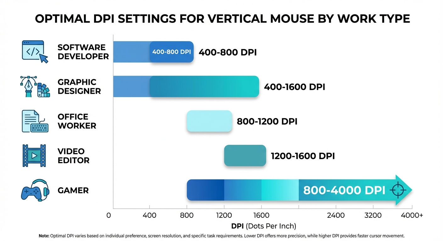 Chart comparing optimal vertical mouse DPI settings for different work types: coding, design, office