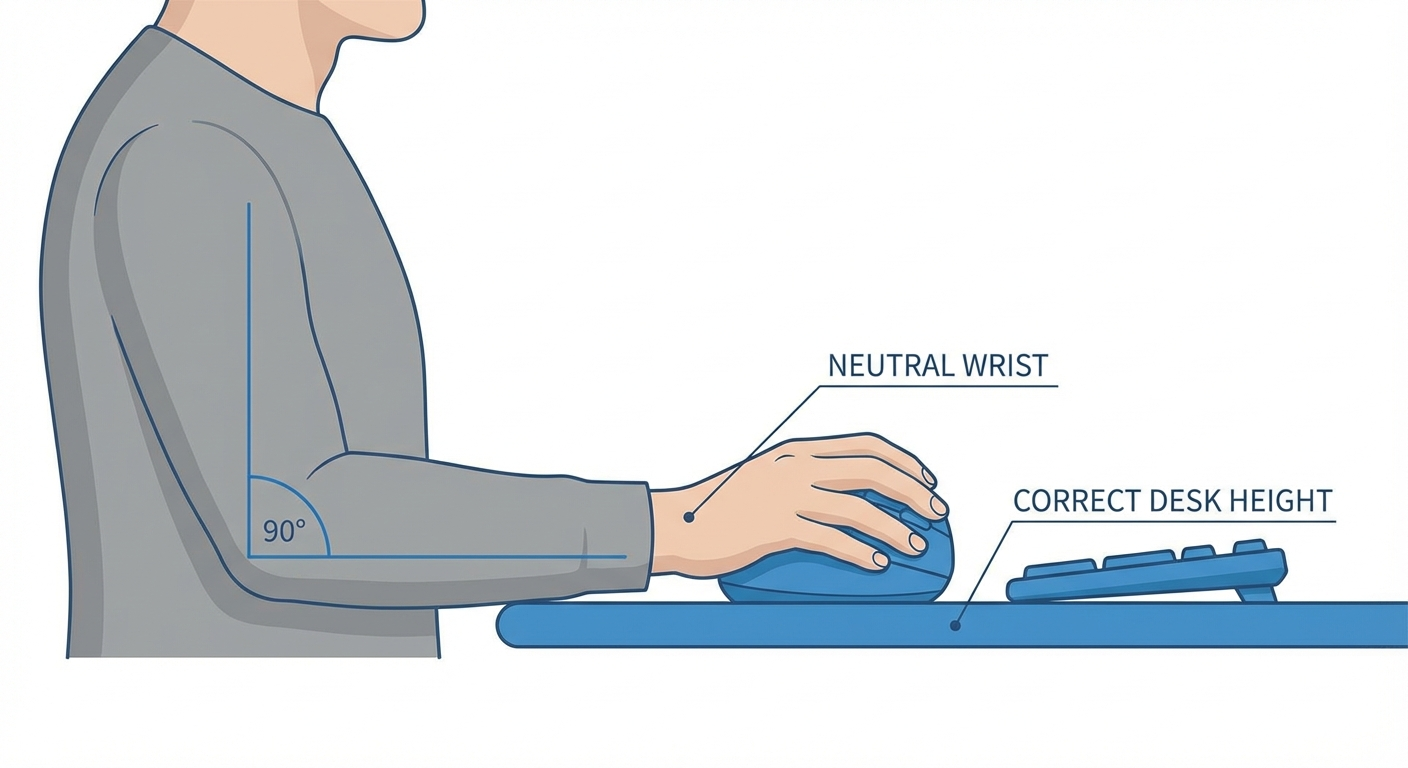 Diagram showing the correct height for placing a vertical mouse at desk level with elbow at 90 degrees