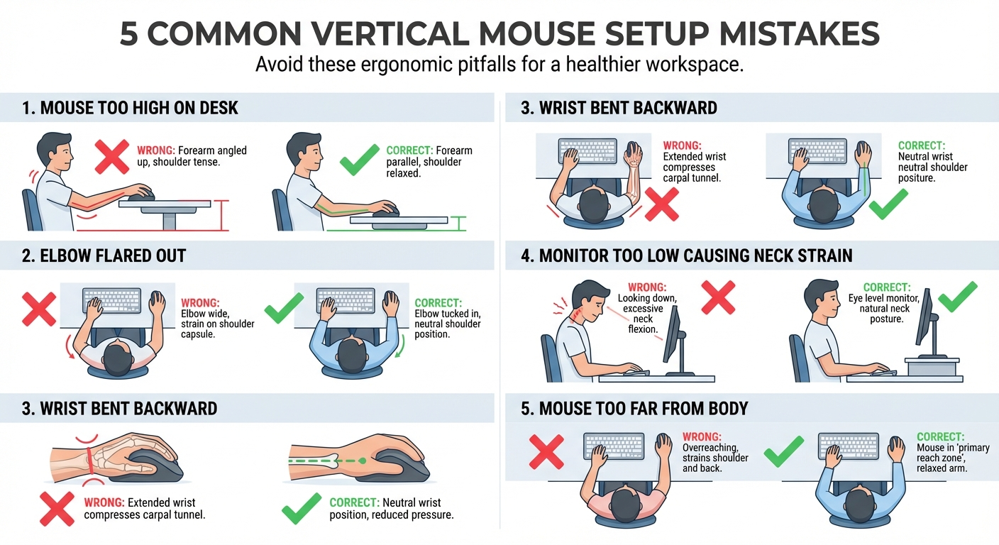 Infographic showing 5 common vertical mouse setup mistakes with visual corrections