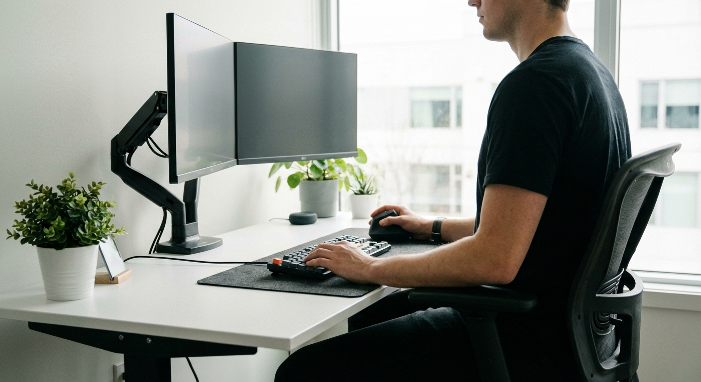 A person using a vertical mouse at a properly set up ergonomic workstation with correct arm position