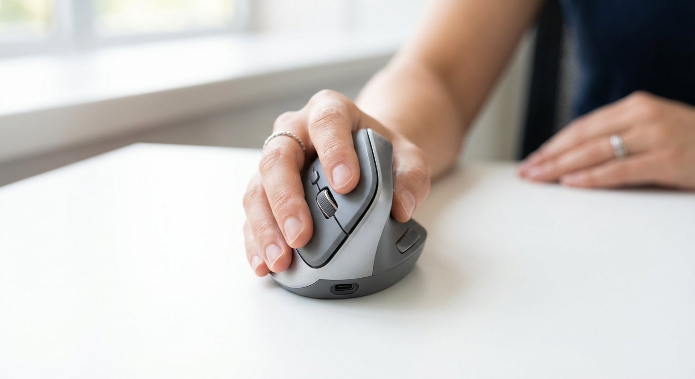 Small hand gripping a compact vertical mouse for women