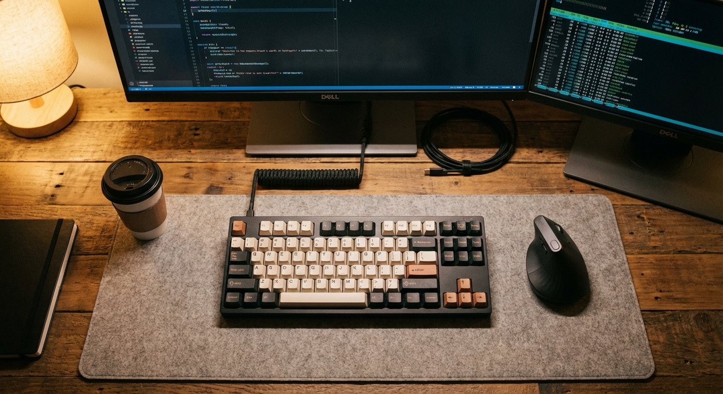 Clean programmer workstation with TKL mechanical keyboard and vertical ergonomic mouse, showing optimal desk layout for ergonomic mousing