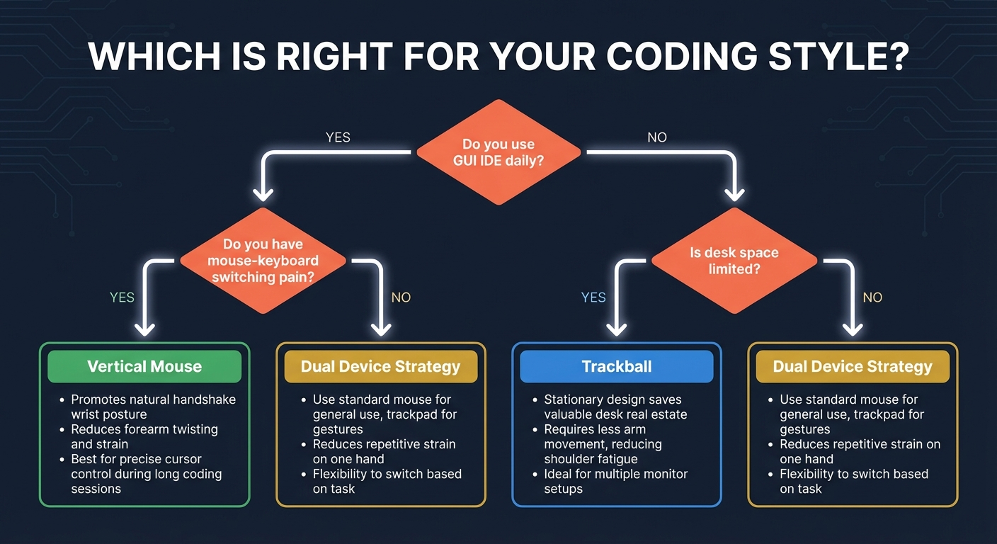 Decision guide infographic: should programmers choose a vertical mouse, trackball, or dual-device setup based on IDE usage, pain type, and desk space