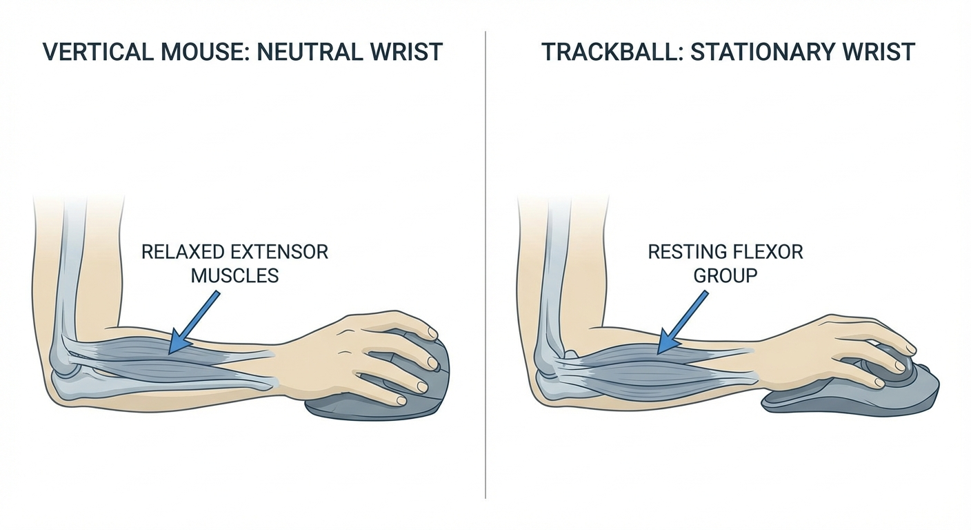 Comparison of wrist and forearm posture using vertical mouse versus trackball, showing neutral positions that reduce RSI