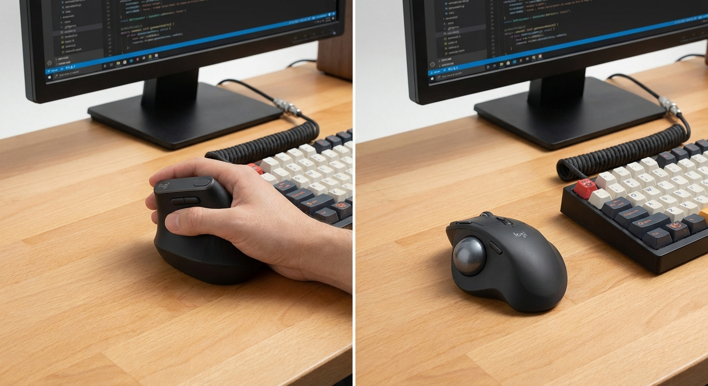 Vertical mouse and trackball mouse side by side on a programmer desk, comparing grip style and ergonomic differences