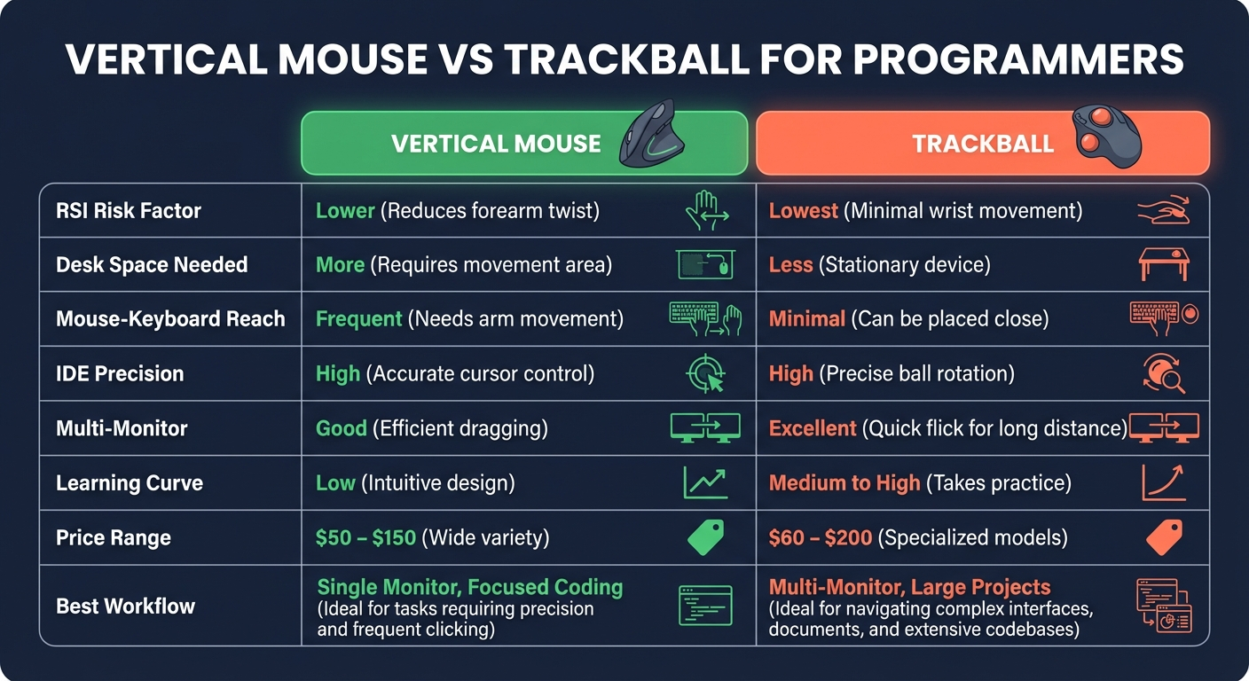 Infographic: Vertical Mouse vs Trackball for Programmers — comparing RSI risk, desk space, IDE precision, multi-monitor, learning curve, price range, and best workflow