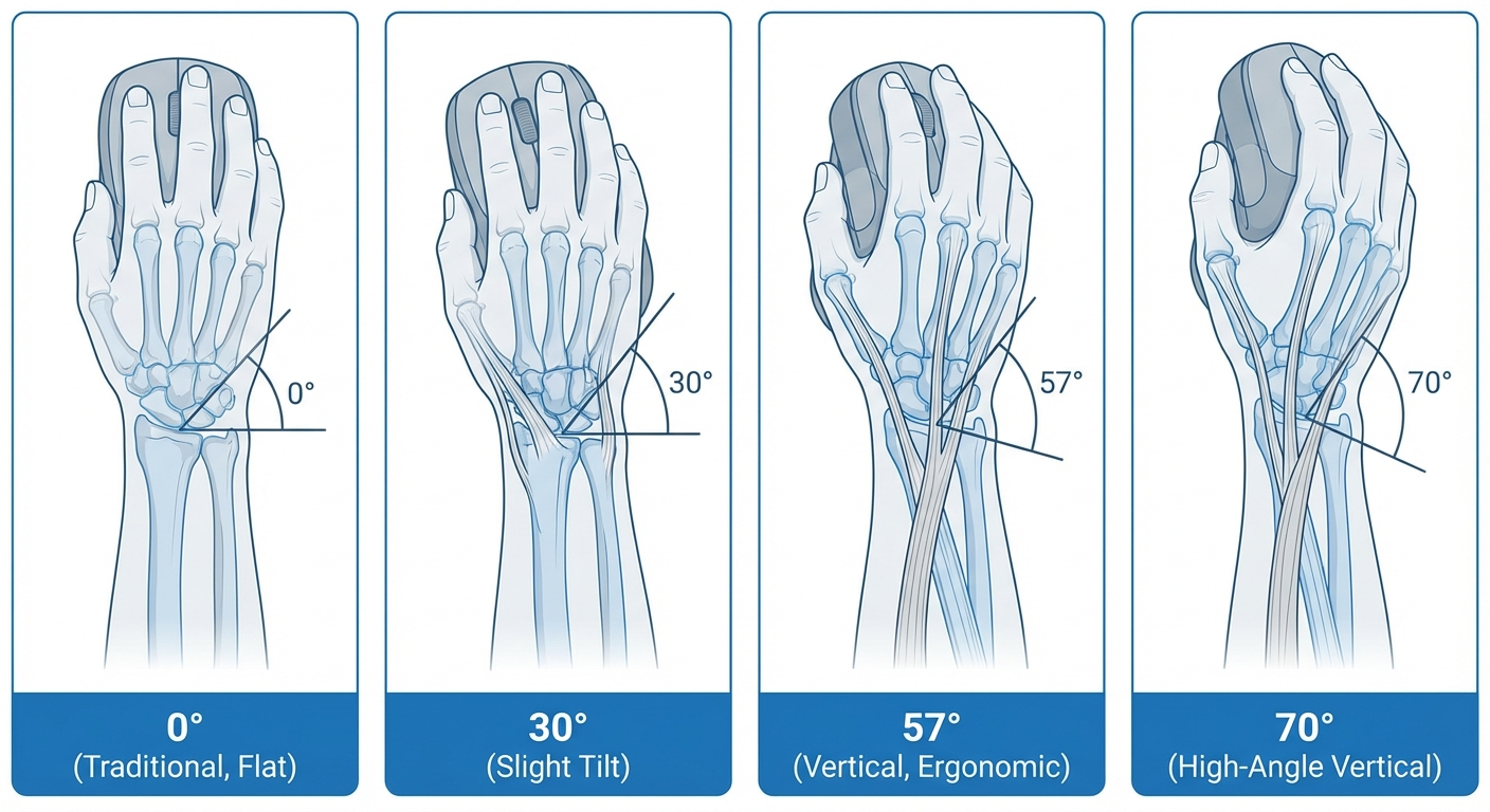 Comparison diagram showing hand positions at different vertical mouse angles from 0 to 90 degrees