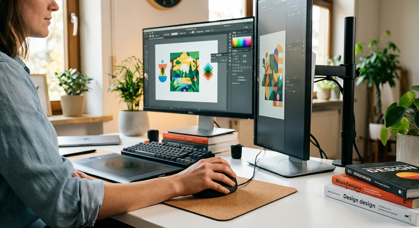 A graphic designer using a vertical mouse at a dual-monitor workstation with Adobe Illustrator open