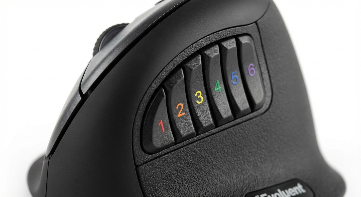 Close-up of the Evoluent VerticalMouse D showing its six programmable buttons