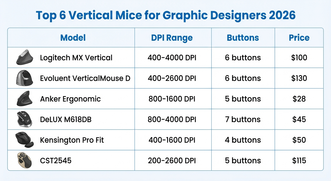 Vertical Mouse for Designers: Comparison of Top 6 Picks — DPI, Buttons, Price (Infographic)