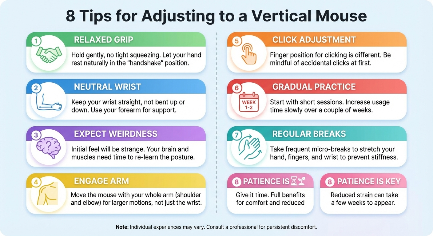 8 tips to speed up vertical mouse adjustment infographic: lower DPI, switch on Friday, practice click games, use keyboard shortcuts, take breaks, check desk height, use mouse pad, commit fully