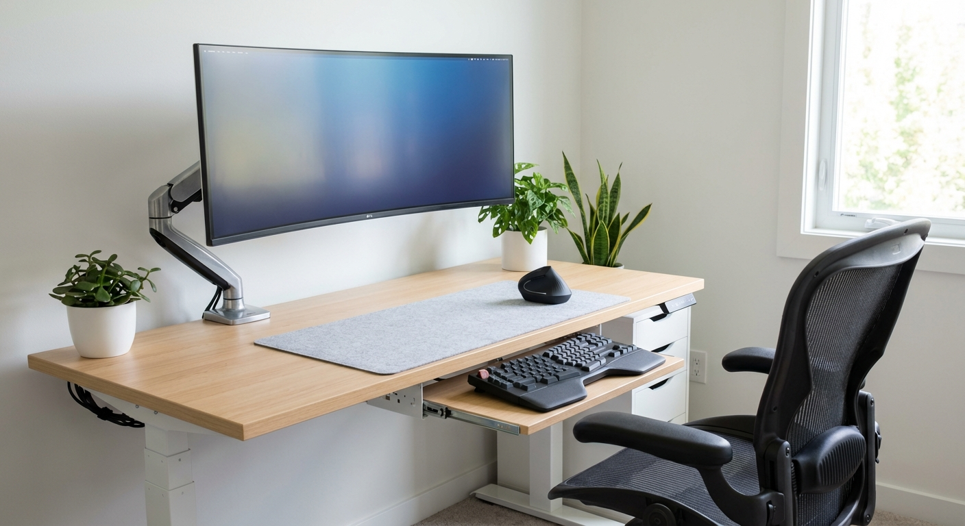 Ergonomic desk setup with vertical mouse positioned correctly next to keyboard, elbow at 90 degrees, monitor at eye level