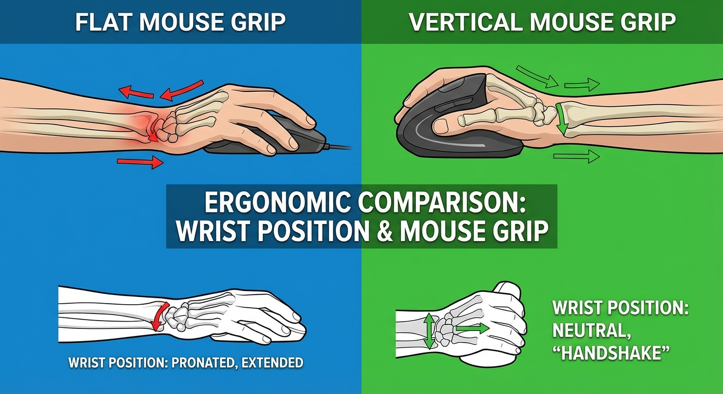 Side-by-side comparison of flat mouse pronated grip versus vertical mouse neutral handshake grip showing reduced wrist strain