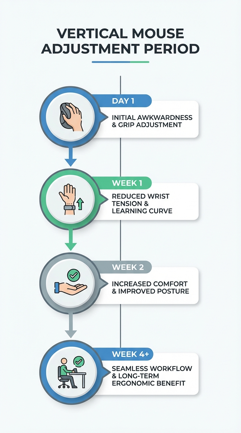 Vertical mouse adjustment timeline infographic: 14-day progress from Days 1-3 hardest, Days 4-7 building, Days 8-14 fluent, Week 3+ automatic