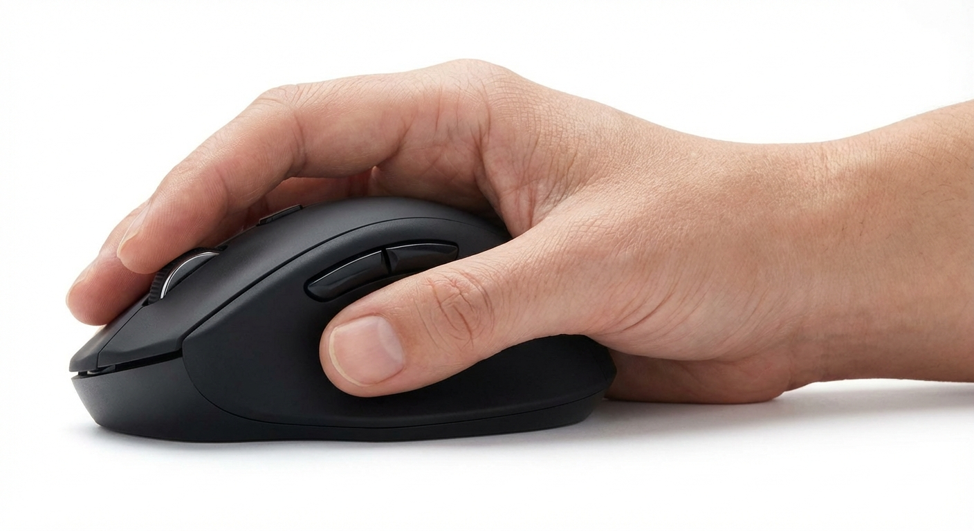 Person using a vertical ergonomic mouse in neutral handshake grip position at a clean office desk