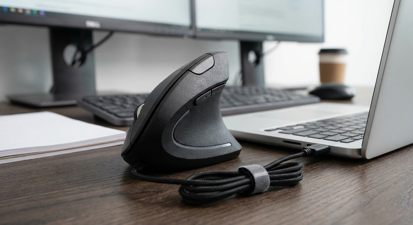 Anker wired vertical mouse showing cable routing